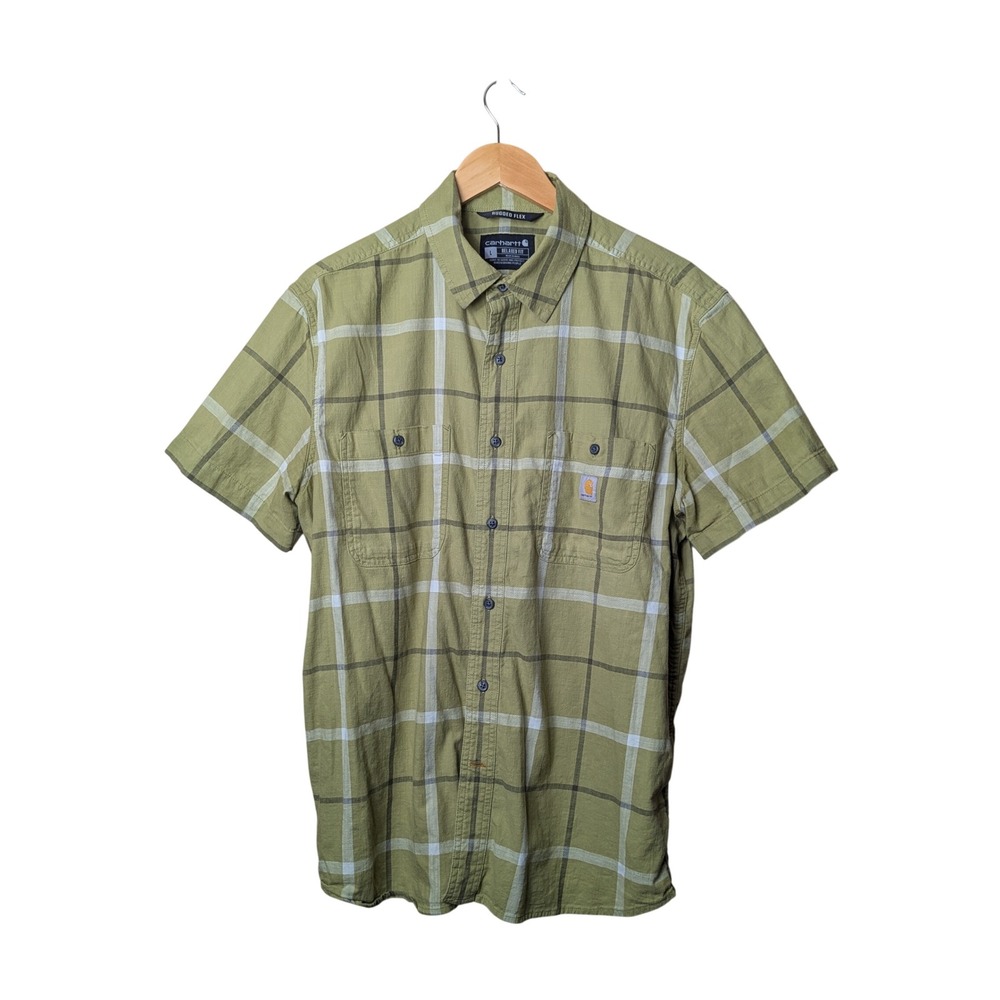 Carhartt Rugged Flex Shirt Mens L Green Plaid Relaxed Fit TW5701-M Short Sleeve